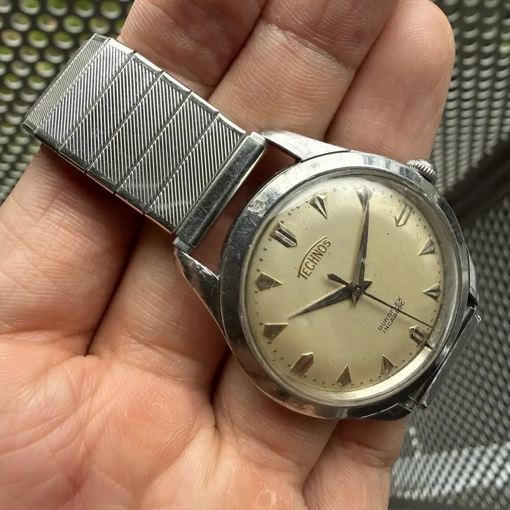 Vintage Technos Duroflex Stainless Steel Manual Wind Men’s Wrist Watch